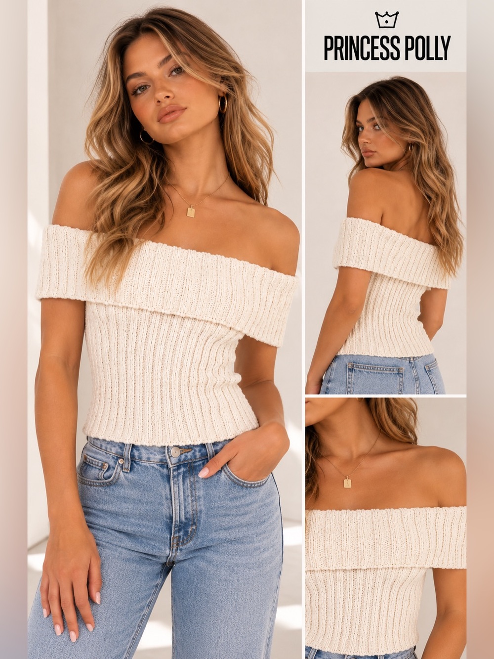 Princess Polly Murmur Off Shoulder Knit Crop Top Beige S/M